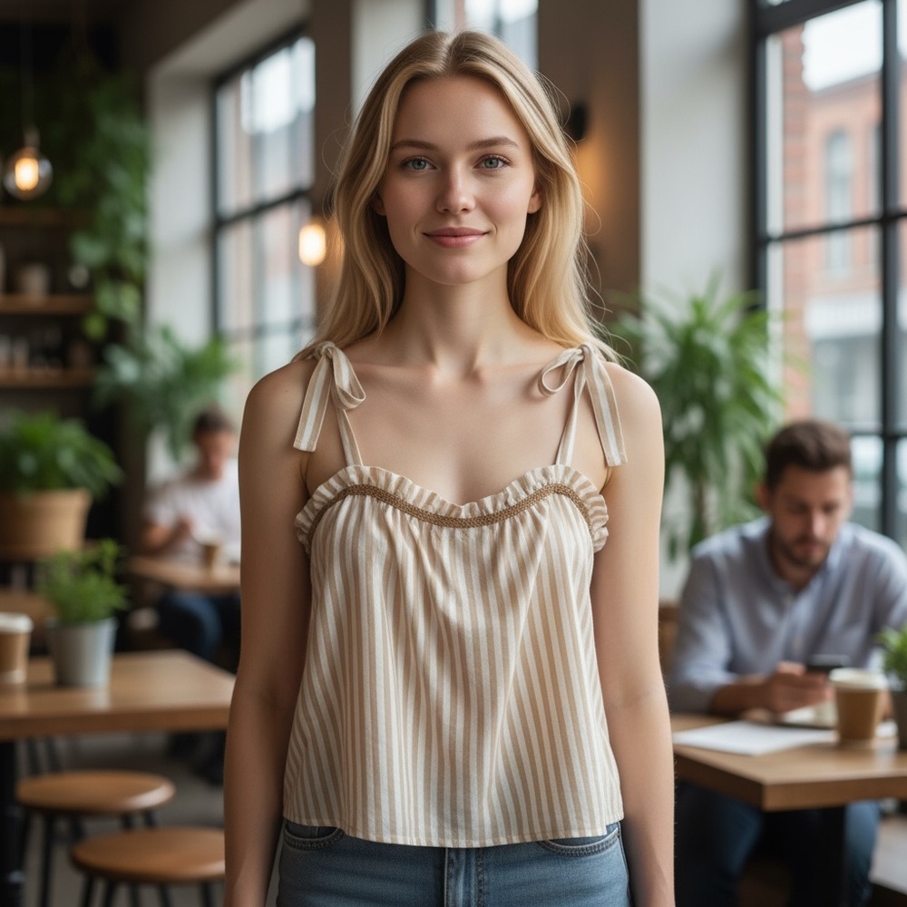 AERIE Tie Strap Stripe Top Women’s XS White Tan Coastal Preppy Lightweight NEW